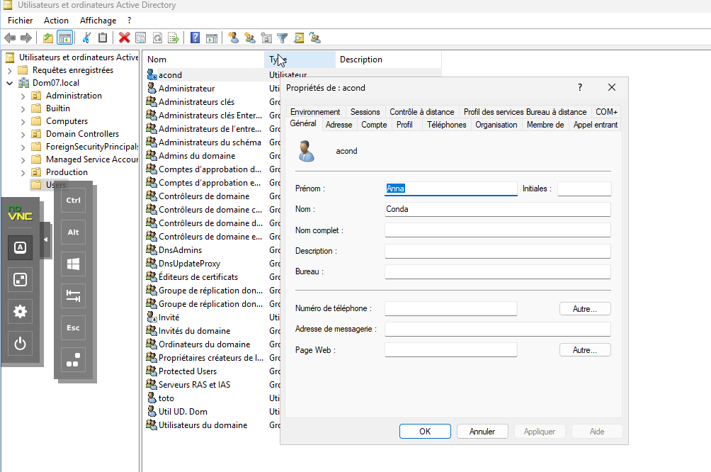Console Utilisateurs et ordinateurs Active Directory