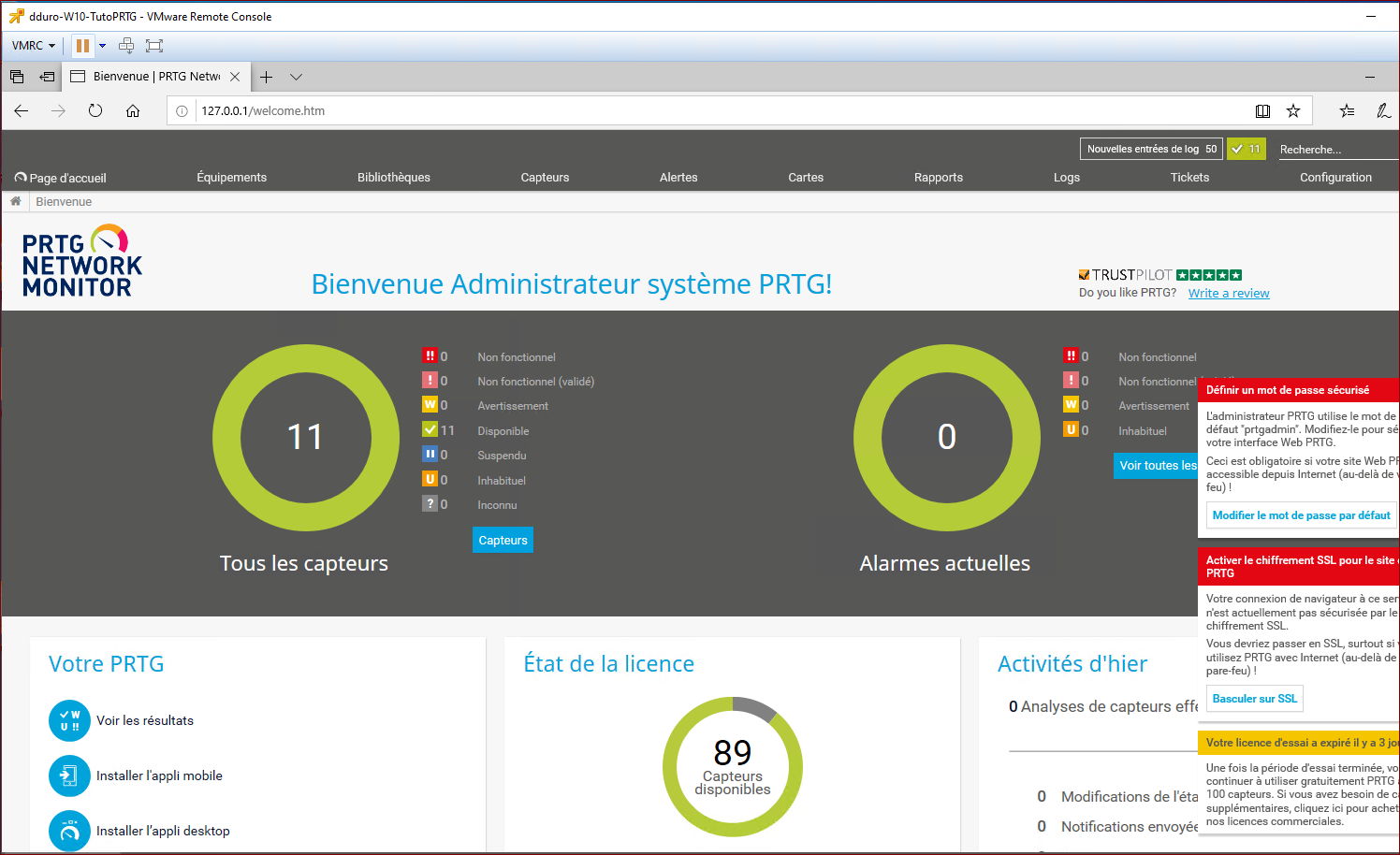 Tableau de bord PRTG et vue synthetique des capteurs