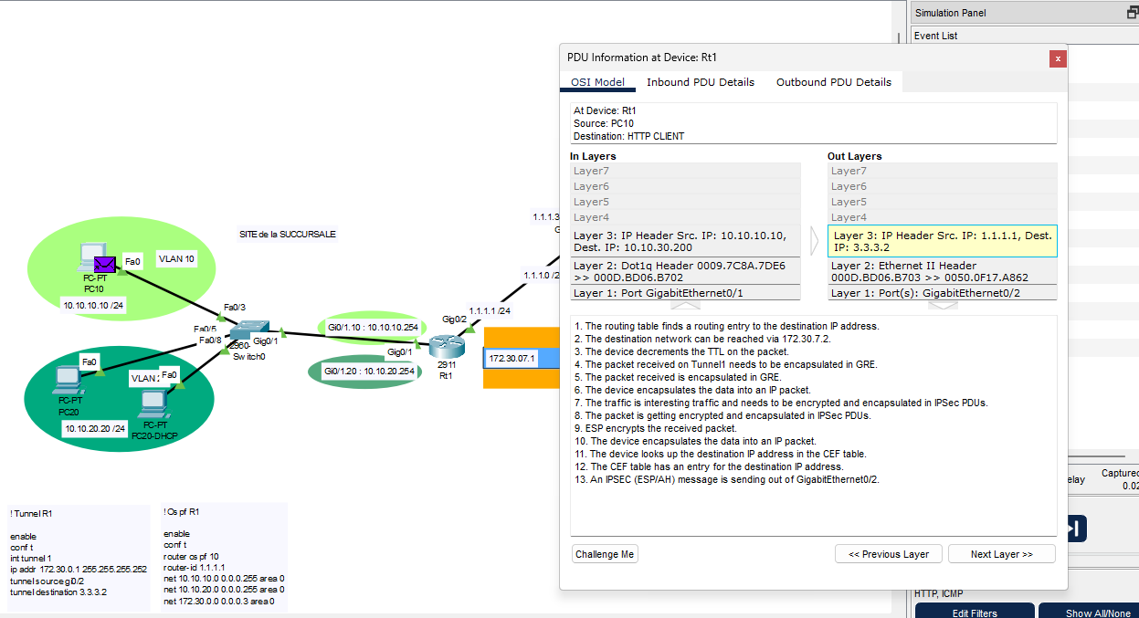Maquette Packet Tracer avec controles de configuration et de routage