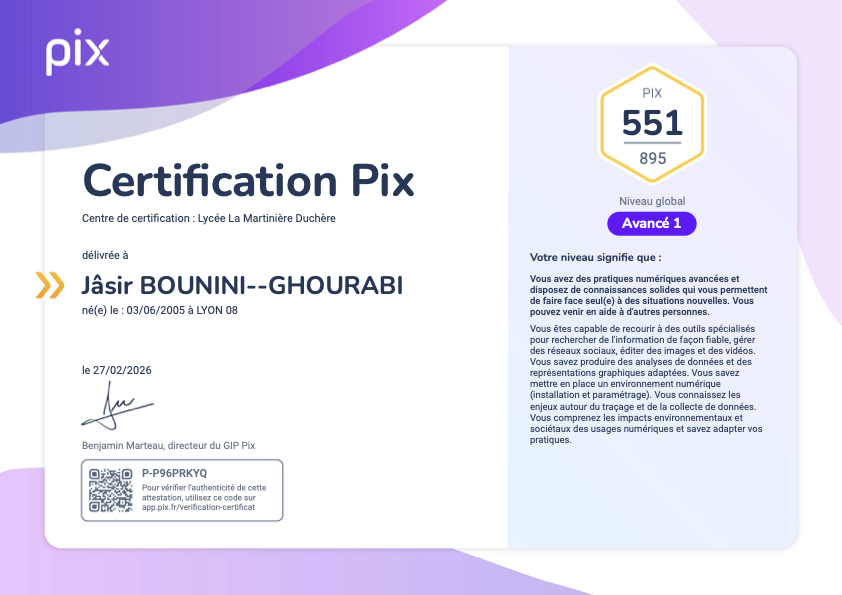 Attestation de certification Pix de Jâsir Bounini-Ghourabi, niveau Avancé 1, score 551/895