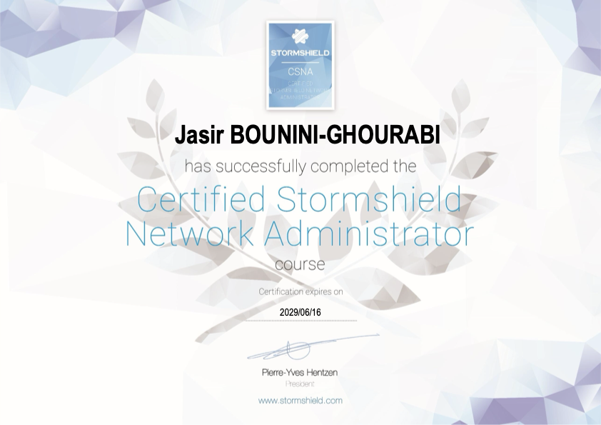 Certificat officiel Stormshield CSNA de Jasir Bounini-Ghourabi