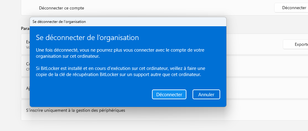 Déconnexion du compte professionnel existant